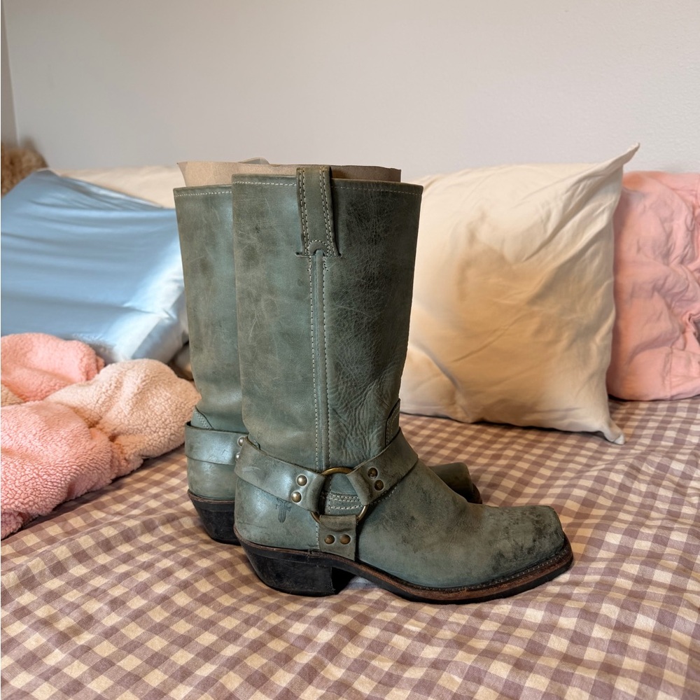 Vintage Frye 12r Harness Boot TEAL brass hardwear